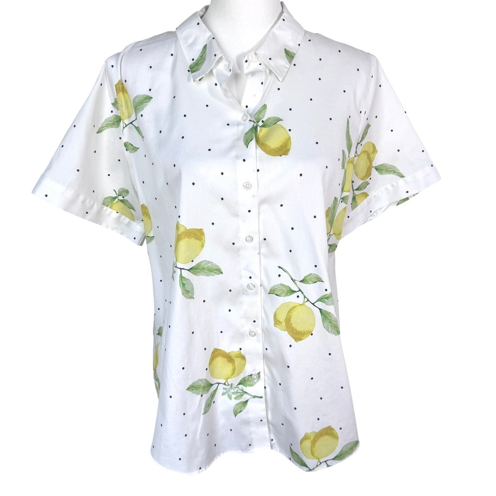 COLDWATER CREEK Women's 16 Petite White Lemon Polka Dot Cotton Button Down Shirt